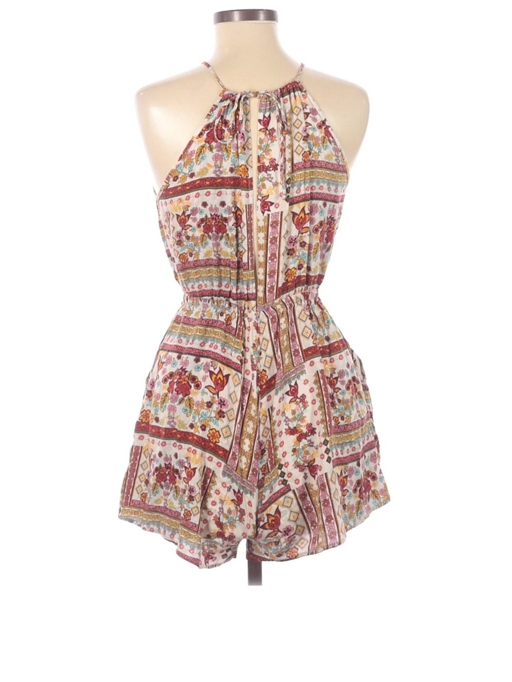 Halter Floral Patchwork Romper in Cream and Burgundy - Picture 2 of 2